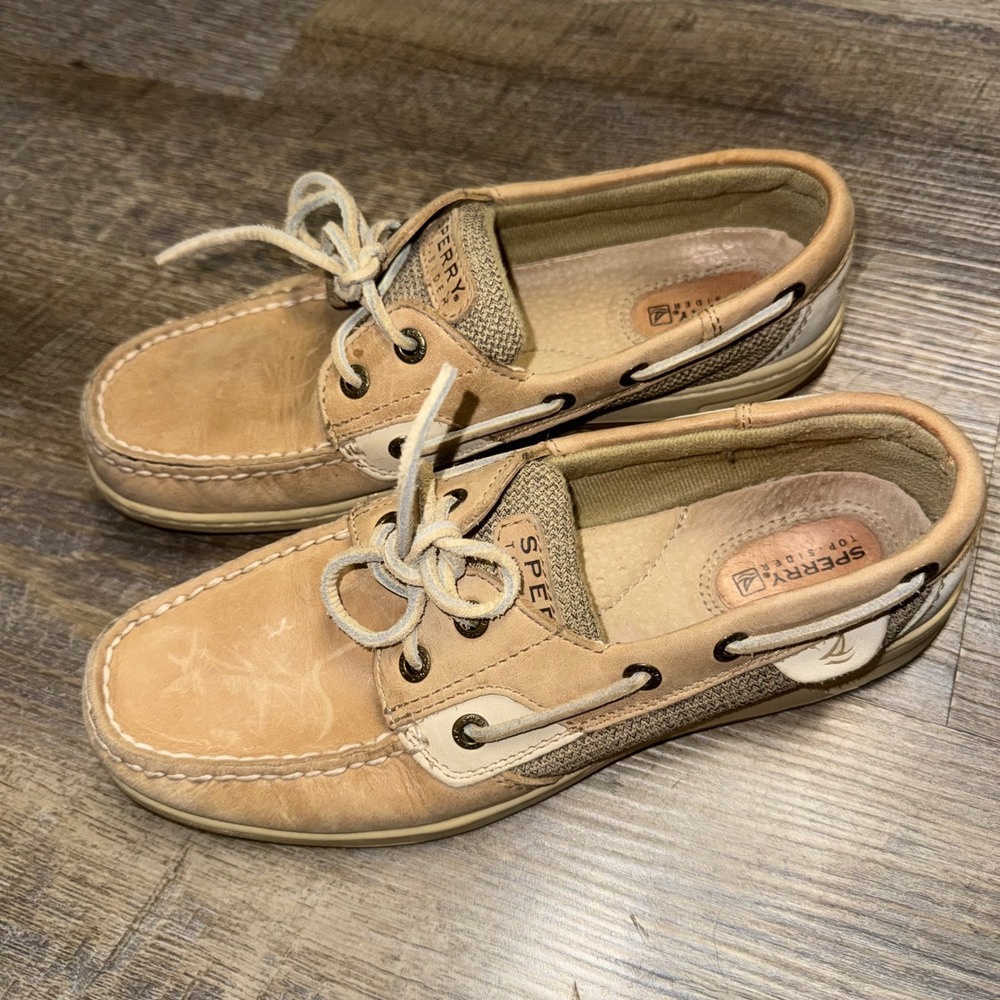 Sperry Top-Sider Bluefish 2-Eye Boat Shoes Womens 7.5 M Tan Linen Oat Leather - Picture 8 of 9
